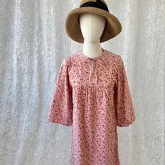 くすみピンク 小花柄 ギャザー Aライン ワンピース 7分袖 フォークロア ヴィンテージ レトロ