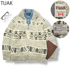 90s ヴィンテージ カナダ製 トゥアック TUAK ピュア ヴァージン ウール カウチン ハンドメイド ニット ショールカラー ローゲージ M相当 ノルディック グレーxクリーム メンズ