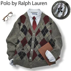 【人気】 90s  ヴィンテージ ポロバイラルフローレン Polo by Ralph Lauren 刺繍ロゴ Vネック ラム ウール ニット カーディガン  L アーガイル柄  メンズ レディース