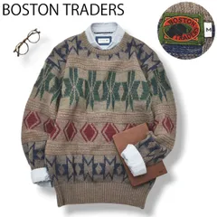 【雰囲気抜群】 90s ヴィンテージ ボストントレーダーズ BOSTON TRADERS 長袖 クルーネック ウール ニット セーター M ネイティブ柄 総柄 カーキ メンズ 男性用 アメカジ ストリート