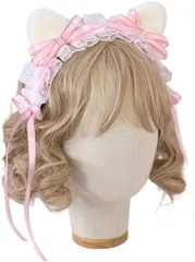 ヘッドドレス 猫耳 取外し リボン付き ヘアアクセサリー フリル レースフリル カチューシャコスプレ系 萌え系 お人形茶話会 パーティー コスプレ系 (ピンクpink)  b-97