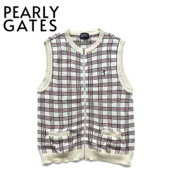 PEARLY GATES パーリーゲイツ チェックニットベスト ゴルフウェア フルジップ コットン 薄手 丸首 三筋格子 ワンポイントロゴ刺繍 1 マルチカラー ライトベージュ ★M57