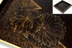 【蔵A5722a】木製研出蒔絵　花図　入子盆　四方盆　二客