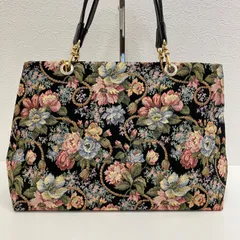 6781 Think Bee! シンクビー! ゴブラン織り ハンドバッグ トートバッグ 黒 ブラック 花 フラワー 花柄 総柄 ゴールド金具 横型 横長