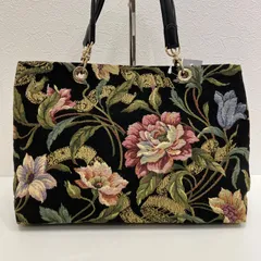 6780　Think Bee!　シンクビー！　ゴブラン織り　ハンドバッグ　トートバッグ　黒　ブラック　花　フラワー　花柄　総柄　ゴールド金具　横型　横長
