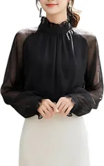 GREENTEA (グリーンティー) ブラウス シースルースリーブ 長袖 総レース きれいめ トップス 大きいサイズ レーストップスハイネック レディース (ブラック,  XL)