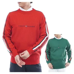 トミーヒルフィガー ゴルフ セーター メンズ 長袖 ニット クルーネック ストレッチ ゴルフウェア ブランド 総柄 ストライプ柄 ロゴ 秋 冬 THMA581