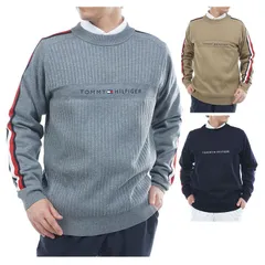 トミーヒルフィガー ゴルフ セーター メンズ 長袖 ニット クルーネック ストレッチ ゴルフウェア ブランド 総柄 ストライプ柄 ロゴ 秋 冬 THMA581