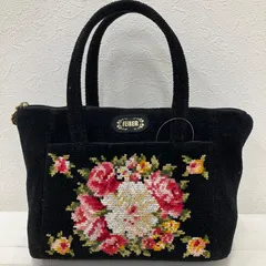 6767　FEILER フェイラー　ハンドバッグ　ブラック　黒　花柄　フラワー　フローラル　シュニール織り　小さめ　ミニ　レディース