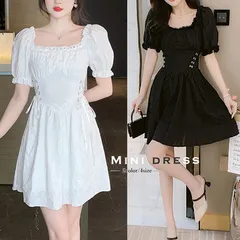 ワンピース スクエアネック ミニワンピース無地パフ袖