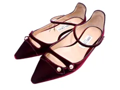 Jimmy Choo ジミーチュウ ベロア アンクルストラップ フラット パンプス size37(23cmくらい）/ボルドー ◇■◎レディース