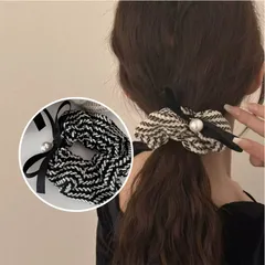 シュシュ ツイード リボン風 ヘアゴム パール付き 上品 ヘアアクセサリー ベルベット シンプル オフィス 大人っぽい 可愛い レディース 秋冬 上品 おしゃれ プレゼント