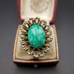 グリーンマーブル カボション フリルリム ヴィンテージ フラワー リング 指輪 レトロ フローラルバンド シルバートーン 6Y-F