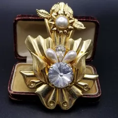 ドレープ ウェーブ フローラル 彫刻 ヴィンテージ ブローチ ゴールドトーン 大ぶり ステートメントジュエリー 6Y-E