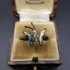 40'50's メキシコ 925 シルバー 蝶 アバロンシェル インレイ ヴィンテージ リング 銀 指輪 Taxco タスコ 華奢 昆虫モチーフ Y23-G