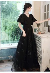 ★4L(3XL) ブラック ドレス レディース ロングドレス 演奏会 袖あり ハンカチーフスリーブ キラキラ 大人 シック ピアノ 発表会 母親 結婚式 韓国 ロング 大きいサイズ 体型カバー Vネック 謝恩会 卒業式 花嫁 合唱団 ステージ da048n1