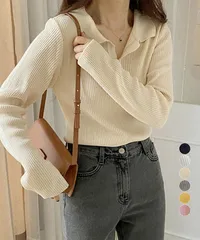 ポロニットトップス秋リブニット
