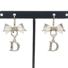 ディオール Dior ラインストーン リボンモチーフ ロゴ ピアス シルバー【中古】