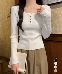 リブニットトップス 着やせ 無地