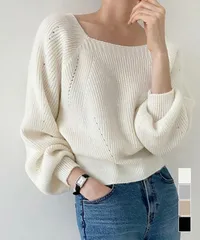 ニットトップス レディース 無地　セーター プルオーバー ニットソー スクエアネック