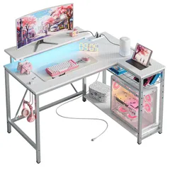 幅107cm×奥行80cm ゲーミングデスク コンセント付き モニター台&LED付き 机 l字デスク pcデスク ワークデスク パソコンデスク 収納ラック付き 左右入れ替え対応 Bestier おしゃれ カーボン調ホワイト