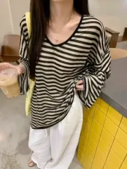 ストライプ Vネック 長袖 Tシャツ (s m l xl)