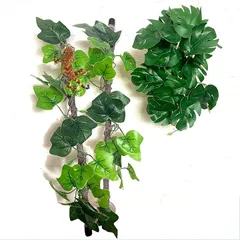 Flatland 爬虫類 登り木 枝 葉 流木 シェルター ビバリウム 人工植物 吸盤付き (3点セット(枝2本＋モンステラ))