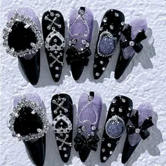 Liberte555 ネイルチップ 紫 つけ爪 ギャル 韓国 かわいい 地雷系 手作りパープル シンプル アーモンド (パープル1,  ロング)