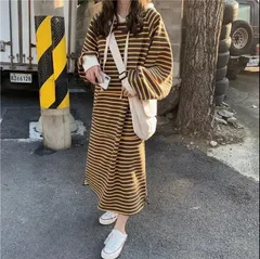 ロングワンピース 長袖 ボーダー 配色 レディース パーカーワンピ フード付き ワンピース 秋 冬 ロング丈 パーカー マキシワンピース スリット入り カジュアル 体型カバー せ マタニティ ゆったり 肌触り 柔らかい 楽ちん