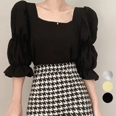 ブラウス スクエアネック レディース パフスリーブ ショート丈 トップス 五分袖 おしゃれ