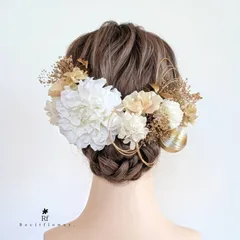 大きなダリアが印象的な髪飾り 成人式 卒業式 結婚式 七五三 髪飾り ドライフラワー 白 ゴールド No.222