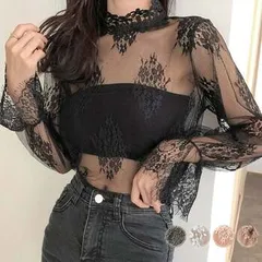 シースルーブラウス 花柄総レーストップス