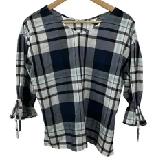 ブルーレーベルクレストブリッジ 七分袖カットソー サイズ38 M レディース - ネイビー×白×マルチ Vネック/チェック柄