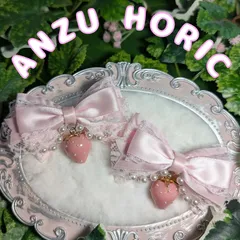 いちごチャーム付き　りぼんヘアクリップ　パール　レース　量産型　姫系　地雷　ロリィタ　ぴんく