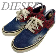 【B4184】 DIESEL ディーゼル スニーカー デニム ローカット ブルー レッド チェック ダメージ加工 S-HANSH W