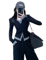 バイカラーVネックカーディガン ブラック 長袖 (S M L XL)