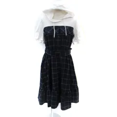 アクシーズファム axes femme ワンピース ミモレ丈 半袖 チェック柄 切替 フード付き ベルト付き M 白 ホワイト 紺 ネイビー /SM7
