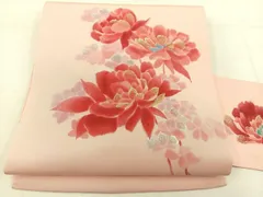 平和屋着物●塩瀬　九寸名古屋帯　手描き　牡丹　金銀彩　正絹　逸品　BAAV9131mz