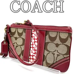 【美品】コーチ COACH シグネチャー リストレット キャンバス レザー 赤 ベージュ ポーチ 小物入れ ミニ財布 取り外し可 ストラップ付 ロゴ柄 可愛い コンパクト 軽量 お出かけ 旅行 使いやすい
