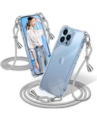 ★iPhone 13 Pro Max ケース クリア ショルダー  カバー 耐衝撃 スマホケース 透明 織りストラップ付き 肩がけ 首掛け 紐付き 縄掛け 斜めがけ クロスボディ 多目的キャリー ファッションデザイン TPUスマホ (グレー)