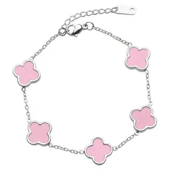 特価 ブレスレット レディース 幸運 四つ葉のクローバー ラッキーチャーム チタンスチール 金属アレルギー対応 長さ調節可能 ジュエリー (ピンク)