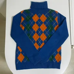おおよそs アーガイル ブルー オレンジ タートルネック ニット ハイネック