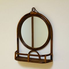 ラタン 籐 鏡 円形 棚付 壁掛け W50.5 D16 H66.5 直径39.5 送料込み フォロー割 クーポンご利用可能 お値引き交渉可能