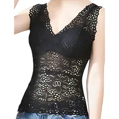 【新品】 [toasoa] 総 レース インナー レディース カップ 付き タンクトップ 花柄 ノースリーブ ブラ チューブトップ キャミ トップ 透け vネック 部屋着 へそ出し ブラキャミ パット付き トップス (L, 黒) 0