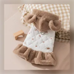 リードフック付き ハート モコモコ ワンピース （茶色） 犬服 犬の服 小型犬 ペット服 ペット用品 ドッグウェア 裏起毛 スカート 冬