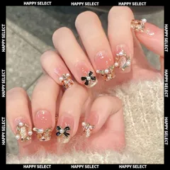 ネイルチップ 付け爪 ロング ベージュ 黒ピンク リボン ビジュー パール コフィン型 スクエアオフ型 3Dパーツ 韓国風 ワンホン風 結婚式 パーティー 成人式 ドレスアップ 指先美人 24枚入り