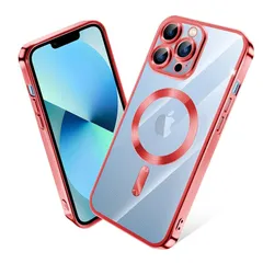 iPhone 13 Pro ケース MagSafe対応 クリア メッキ加工 アイフォン13Pro スマホケース 耐衝撃 TPU ワイヤレス充電対応 いpほね 13 pro カバー ストラップホール付き 薄型 透明 超軽量 黄ばみにくい 柔軟 滑り止め （レッド