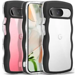 Google Pixel 9/9 Pro ケース クリア ウェーブ おしゃれ 韓国 かわいい 可愛い ピクセル 9/9Pro スマホケース 人気 シンプル 滑り止め 薄型 軽量 耐衝撃 指紋防止 レンズ保護 ストラップホール付き シリコン 透明（ブラック）