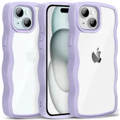 iPhone 15 ケース クリア ウェーブ おしゃれ 韓国 かわいい 可愛い アイフォン15 スマホケース 人気 シンプル 滑り止め 薄型 軽量 耐衝撃 指紋防止 レンズ保護 ストラップホール付き シリコン 透明（パープル）