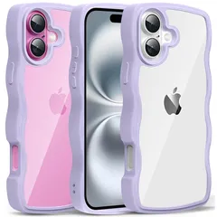 iPhone 16 ケース クリア ウェーブ おしゃれ 韓国 かわいい 可愛い アイフォン16 スマホケース 人気 シンプル 滑り止め 薄型 軽量 耐衝撃 指紋防止 レンズ保護 ストラップホール付き シリコン 透明（パープル）